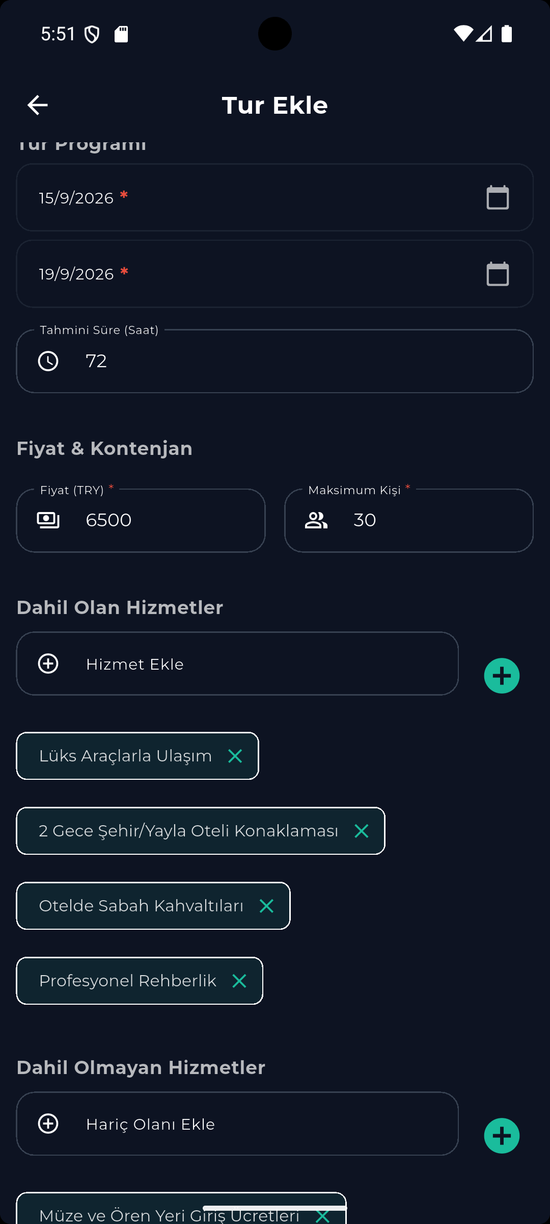 Tur Ekleme Ekranı
