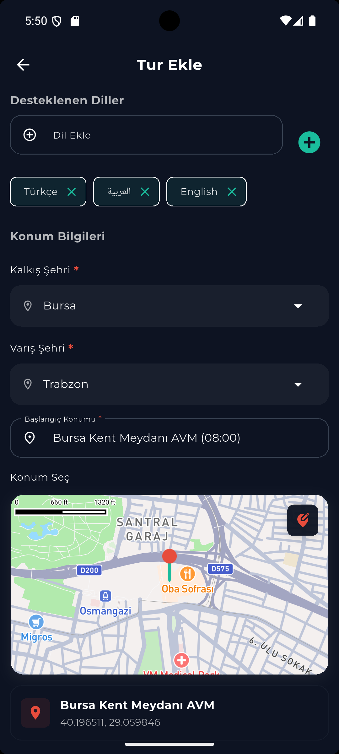 Tur Konum ve Dil Seçimi